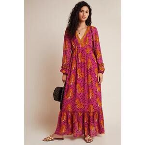 Anthropologie Farm Rio 1X Cheetah Maxi Dress Long Sleeve V Neck Boho Bohemian